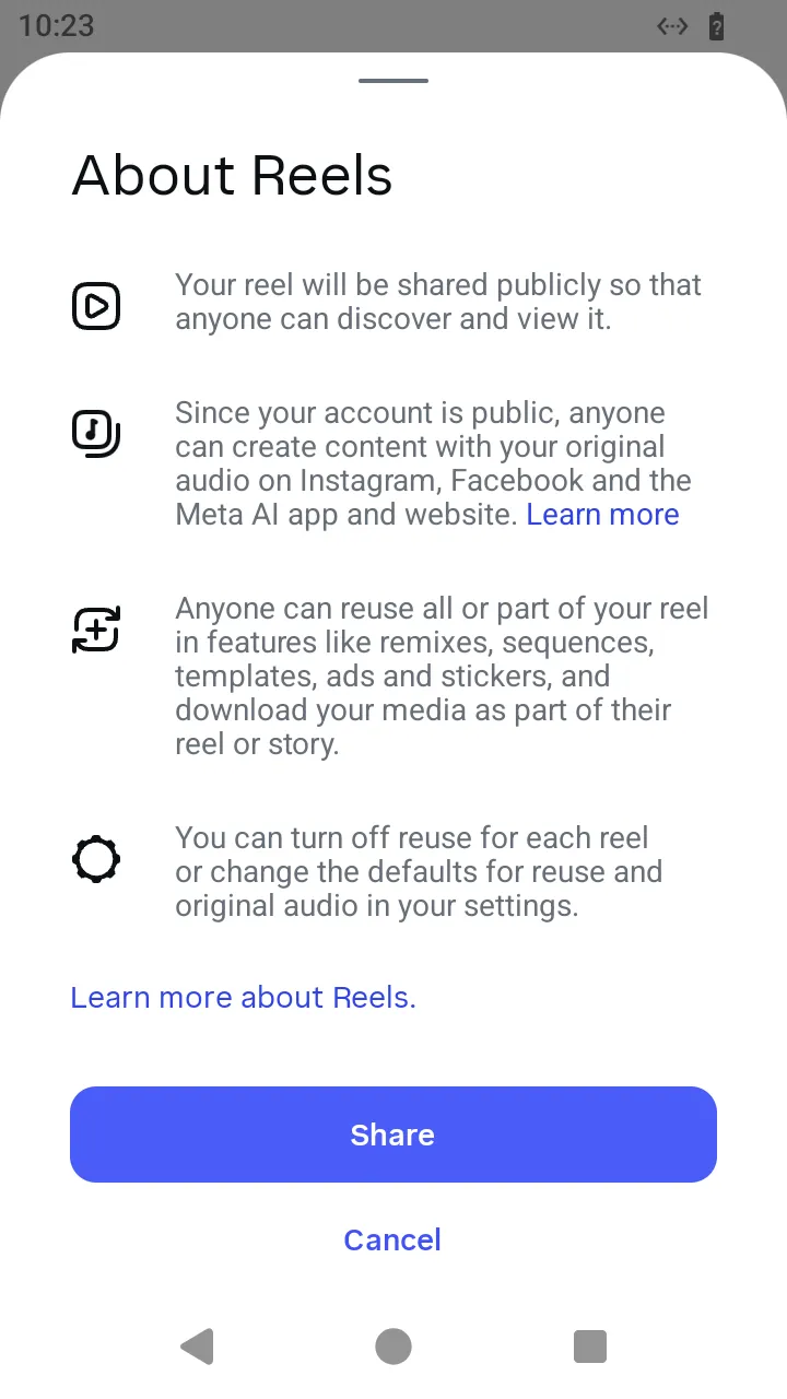 The About Reels sheet