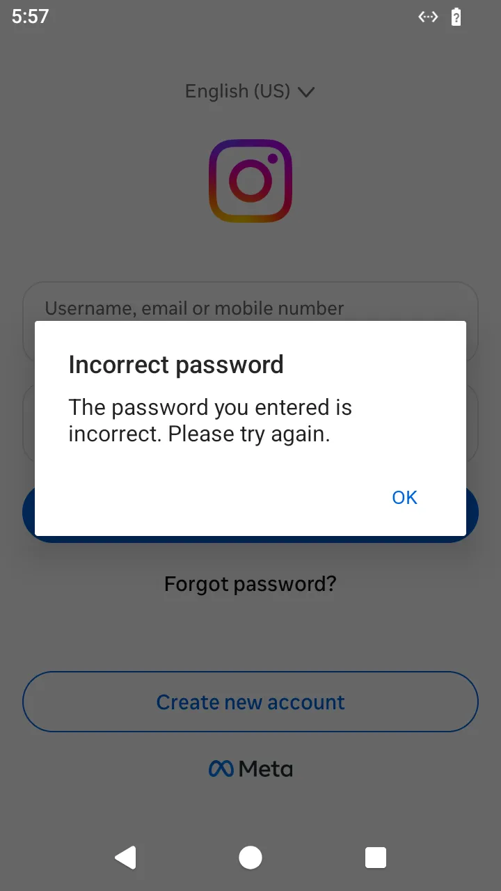 The incorrect-password dialog