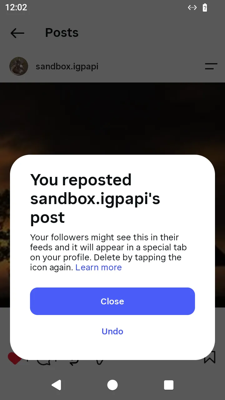 The repost confirmation with Undo