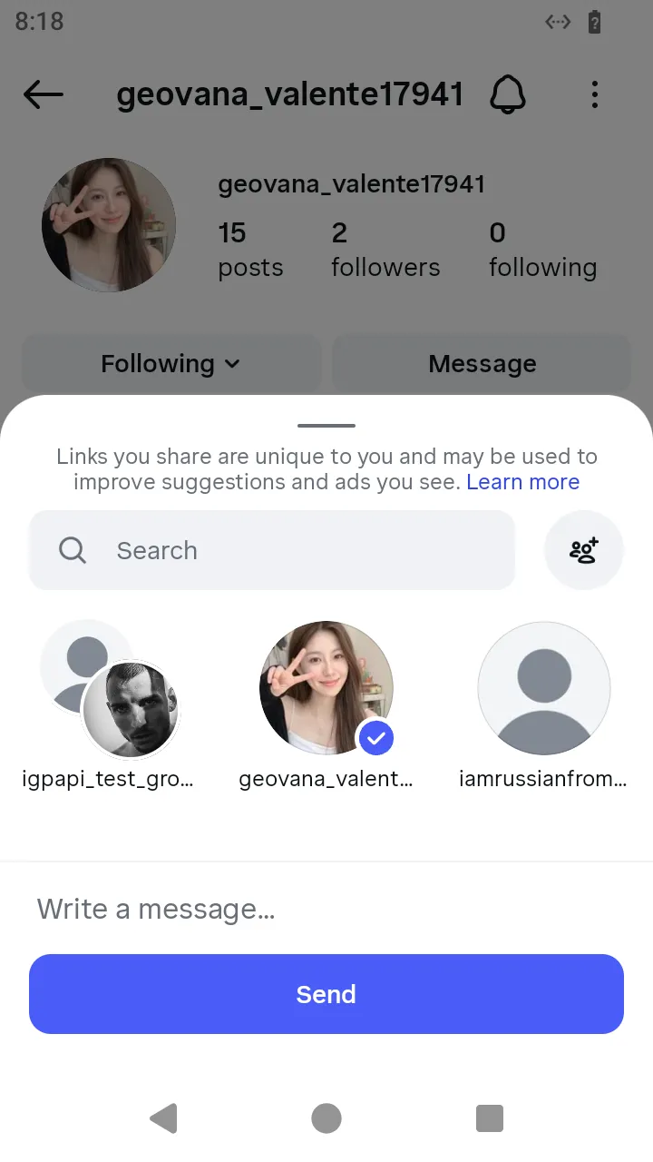 The conversation selected in the profile's share sheet