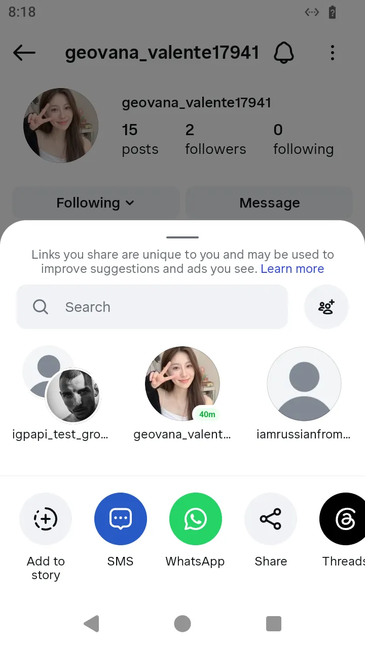 The profile's share sheet with its conversations