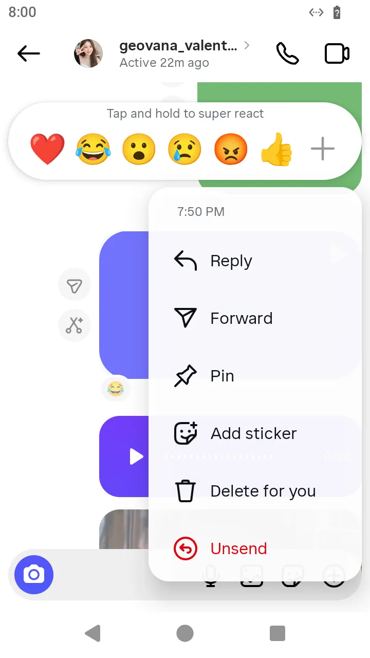 The menu with Reply