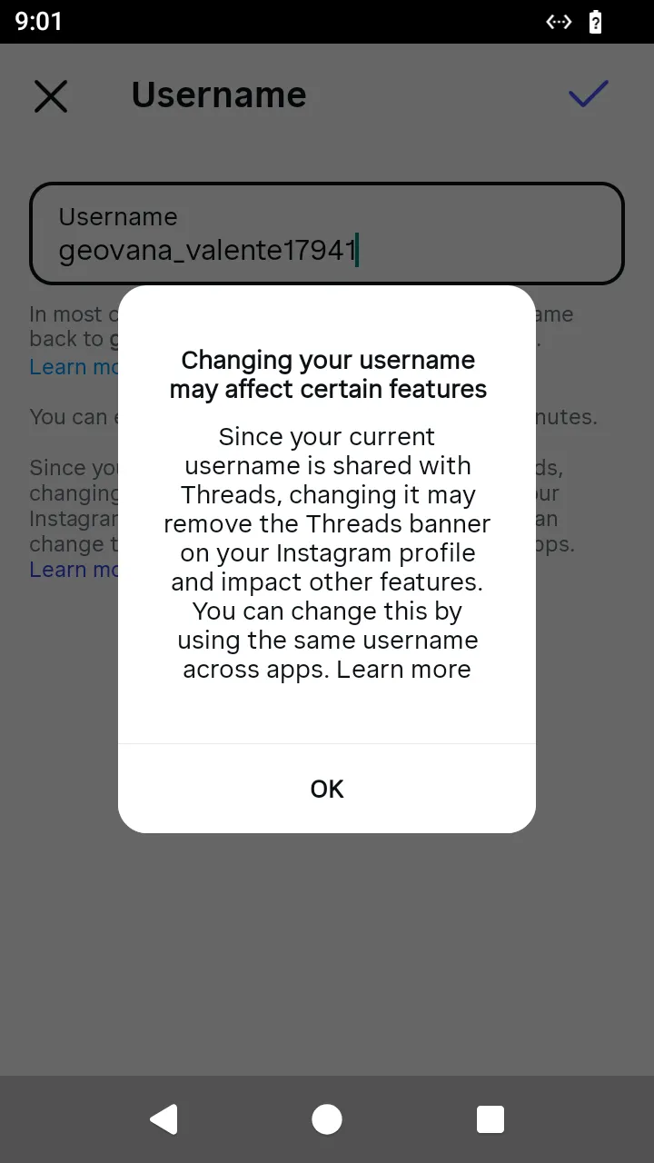The username change warning