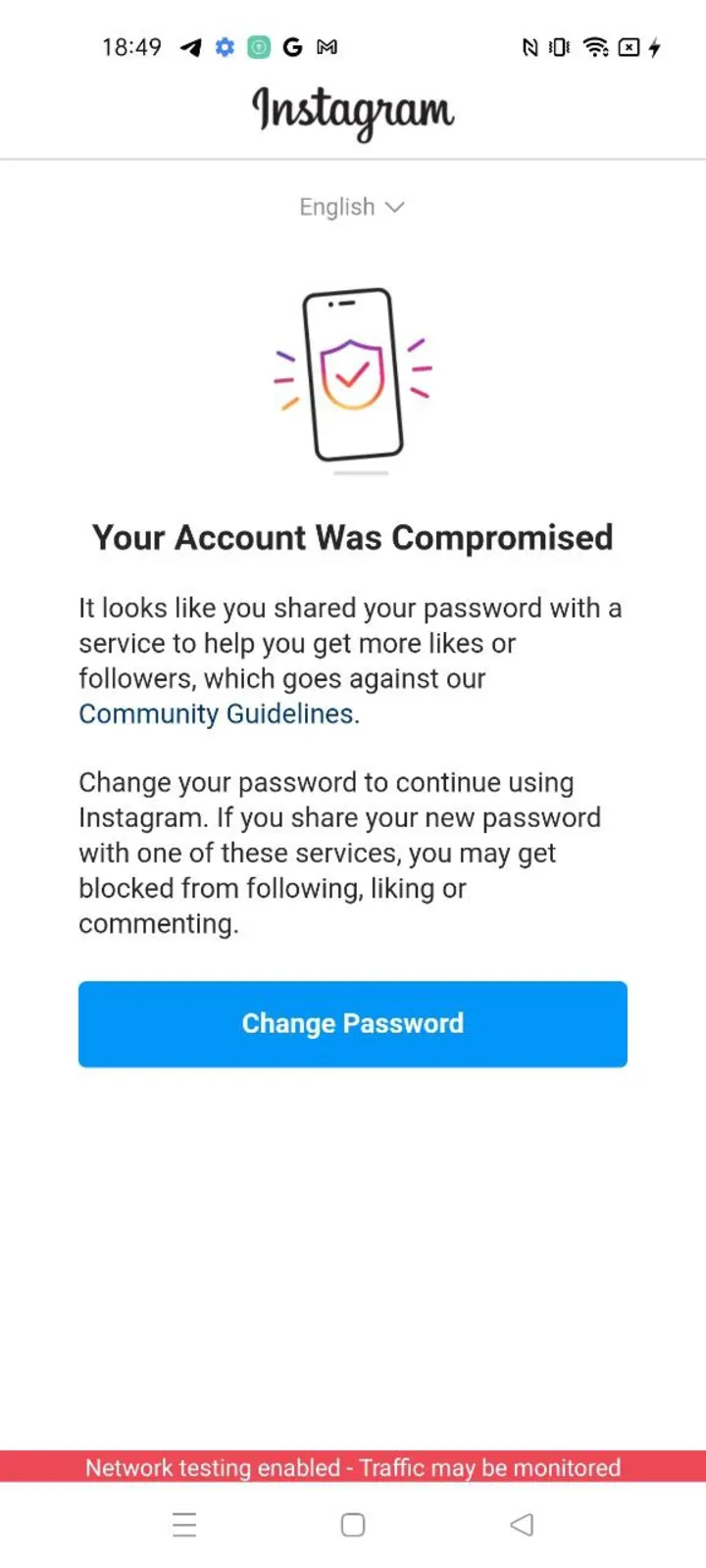 The web new-password page for a compromised account